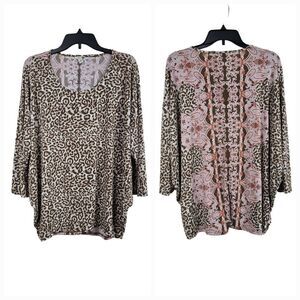 Cato Mixed Scarf Animal Print Oversize Drop Shoulder Slinky Tunic Blouse Leopard